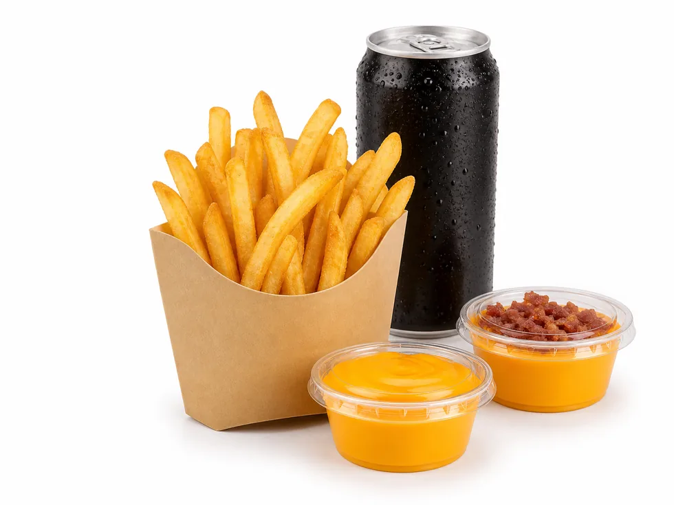 Batata, refri e piscinas de cheddar